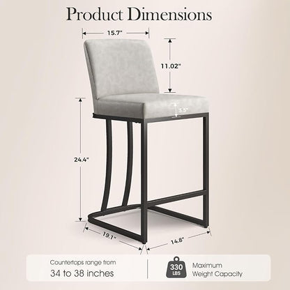 Sophia & William Light Grey Bar Stools Set of 4, Counter Height 24" Bar Stools with Back for Kitchen Island, Modern Faux Leather Bar Chairs