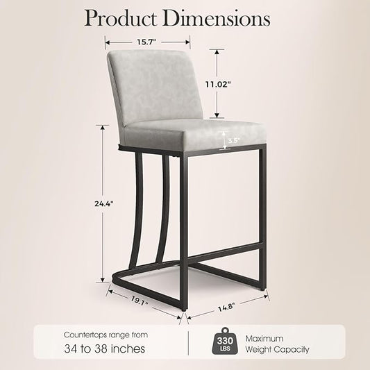 Sophia & William Light Grey Bar Stools Set of 3, Counter Height 24“ Bar Stools with Back for Kitchen Island, Modern Faux Leather Bar Chair