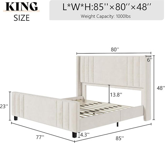 AMERLIFE King Size Bed Frame, Velvet Upholstered Platform Bed with Vertical Channel Tufted Headboard & Footboard/Wingback, Mattress Foundation with Wood Slats, No Box Spring Needed, Cream