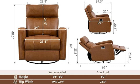 Genuine Leather Power Swivel Recliner Chair, Glider Electric Rocking Chair for Adults. Nursery Rocker Sofa Chair with Adjustable Headrest for Living Room. Wireless Charging/Type-C&USB, Brown