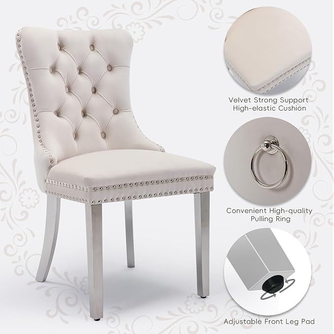 Velvet Upholstered Dining Chairs Set of 4, Modern Style Kitchen Side Chairs with Nailhead Trim and Silver Plated Leg, Metal Pulling Ring for Dining Room Living Room((Creamy White,Set of 4)