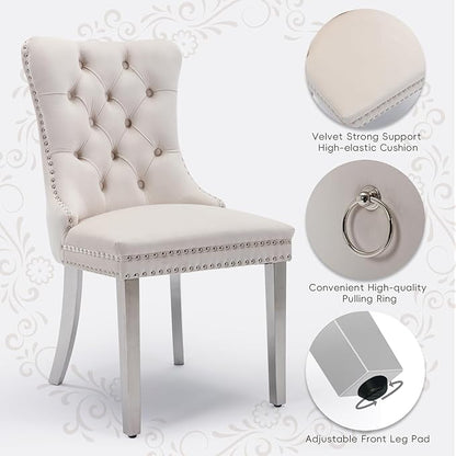 Velvet Upholstered Dining Chairs Set of 2, Modern Style Kitchen Side Chairs with Nailhead Trim and Silver Plated Leg, Metal Pulling Ring for Dining Room Living Room(Creamy White)