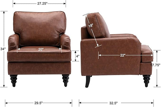 PU Leather Upholstered Accent Chair Modern Single Sofa Chair with Thick Removable Back Cushion and Black Printed Legs Armchair for Living Room/Bedroom/Reading Room, Brown