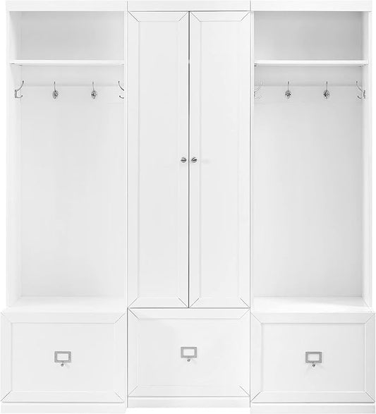 Crosley Furniture Harper 3-Piece Hall Tree and Storage Cabinet Set with Entryway Bench and Hooks for Hanging, White