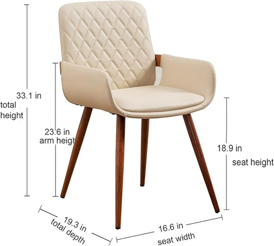 LUNLING Mid Century Modern Dining Chairs Set of 2,Accent Faux Leather Side Chairs Bentwood Frame with Armrest,Metal Legs Chair,Adjustable Foot for Kitchen Room Desk Chair(Cream White)