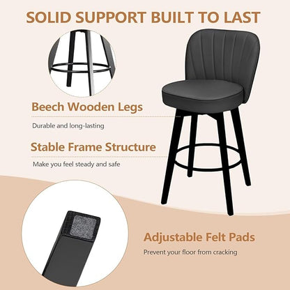 MINCETA Bar Stools Set of 4, PU Leather Barstools, 26 Inch Upholstered Counter Stools with Backrest and Footrest, Swivel Counter Height Barstools for Kitchen Island Home Bar Dark Gray