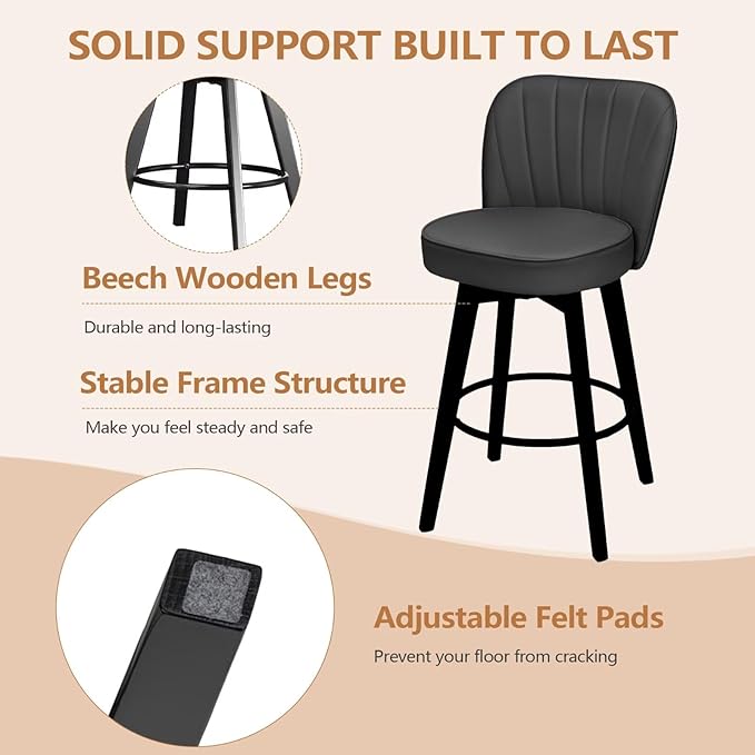 MINCETA Bar Stools Set of 2, PU Leather Barstools, 26 Inch Upholstered Counter Stools with Backrest and Footrest, Swivel Counter Height Barstools for Kitchen Island Home Bar Dark Gray