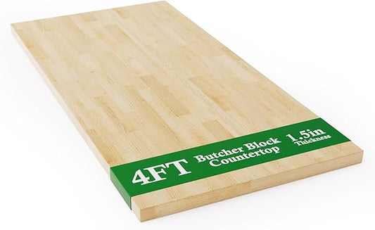 4FT Butcher Block Countertop Birch Solid Wood - 50" x 25" Table Top Butcher Block Cutting Board for Kitchen Island Cart Living Dining Office Desk Workbench Washer Dryer Countertop Unfinished 1.5" Th
