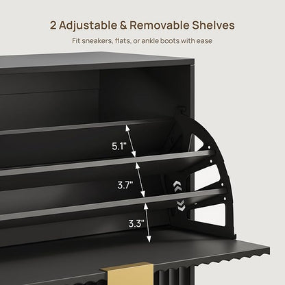 SICOTAS Fluted Shoe Cabinet Storage for Entryway with 4 Flip Drawers-11.8"Deep Frestanding Shoe Organizer Cabinet with 6-tier Shelves, Large 40 Pairs Shoes Rack Cabinet for Foyer Hallway, Black, 2PCS