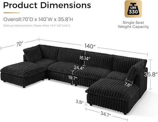 KKL Modular Sectional Couch for Living Room, U Shaped Corduroy Couches with 2 Ottomans, 6 Seater Oversized Sofa Convertible to Sleeper, Soft Fabric Modern Sofa, Black