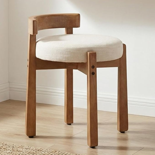 HNY Modern Linen Ottoman- Low-Back Makeup Seat & Lounge Footrest with Solid Wood Frame, Casual Style for Bedroom Dressing Area, Beige