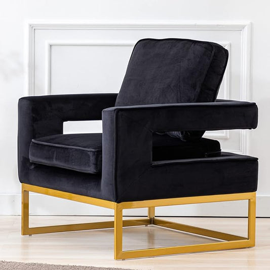 Modern Accent Chair, Velvet Upholstered Side Chair with Backrest, Comfy Armchair Side Chair with Golden Metal Base for Living Room Reception Room, 1PC, Black