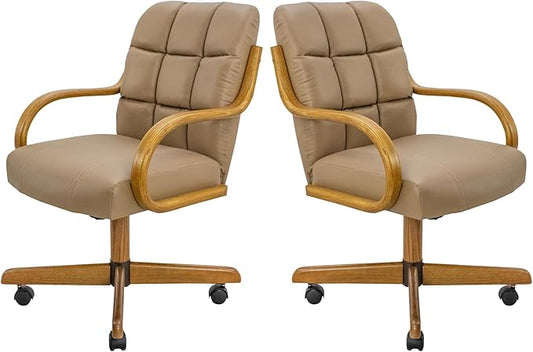 Chromcraft Douglas Set of 2 Classic Caster Swivel Tilt Dining Chairs Swivel Tilt Dining Chairs, Kitchen Chairs (Taupe-Chestnut)