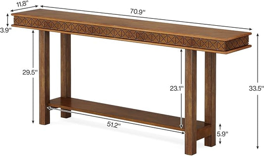 Tribesigns 70.9-Inch Extra Long Console Table, Solid Wood Sofa Table Behind Couch Narrow Long, 2-Tier Entryway Accent Table with Storage for Living Room, Hallway, Entrance, Foyer, Rustic Brown