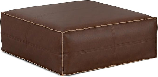 SIMPLIHOME Brody 36-inch Wide Extra Large Square Coffee Table Pouf in Distressed Dark Brown Vegan Faux Leather, Boho-Style Ottoman, Footrest, or Extra Seating for Living Room, Assembled