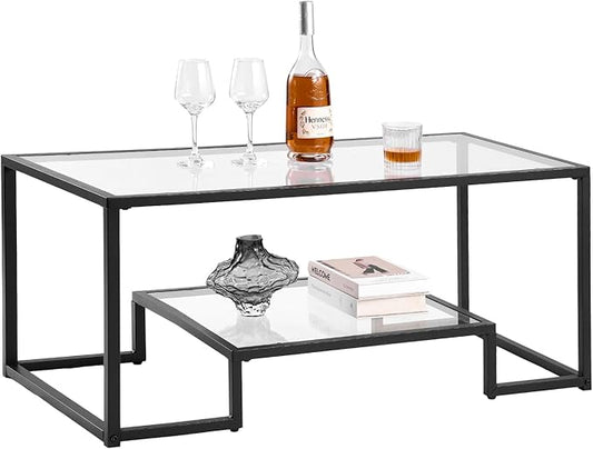 VEVOR Coffee Table, Modern Tempered Glass Coffee Table, 2 Tiers Rectangle Glass Center Desk with Open Storage, Minimalist Sturdy Metal Frame Accent End Desk for Living Room, Office, Easy Assembly