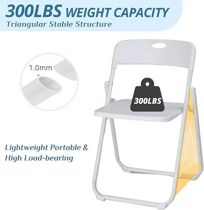 Karl home 6 Pcs Folding Chair, 300LBS Lightweight Foldable Plastic Chair, Reinforced Metal Frame Easy to Fold & Store for Indoor & Outdoor, Wedding, Party, Meeting Room, Patio and Garden, White