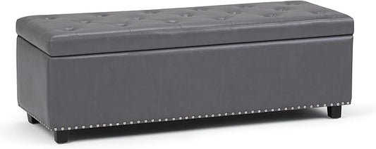SIMPLIHOME Hamilton 48 inch Wide Transitional Rectangle Storage Ottoman in Stone Grey Vegan Faux Leather, Assembled, For the Living Room, Entryway and Family Room