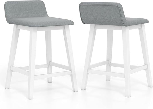 COSTWAY Wooden Counter Stools Set of 2, 24-inch Height Upholstered Padded Seat, Low Backrest, Footrest, Rubber Wood Legs, Armless Barstools for Kitchen Island, Dining Room, White+Gray