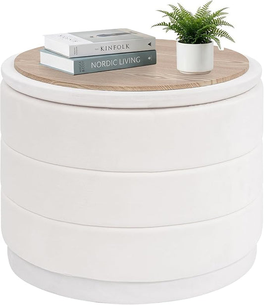 PINPLUS Large Round Velvet Storage Ottoman, White Upholstered Footstool with Hidden Storage, Sturdy Coffee Table Ottoman for Living Room & Bedroom