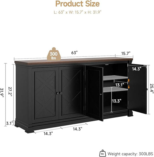 ONBRILL 63 Inches Buffet Cabinet with Storage, Large Sideboard Cabinet with 4 Barn Doors, Adjustable Shelves, Wood Coffee Bar Station for Kitchen, Living Room, Black