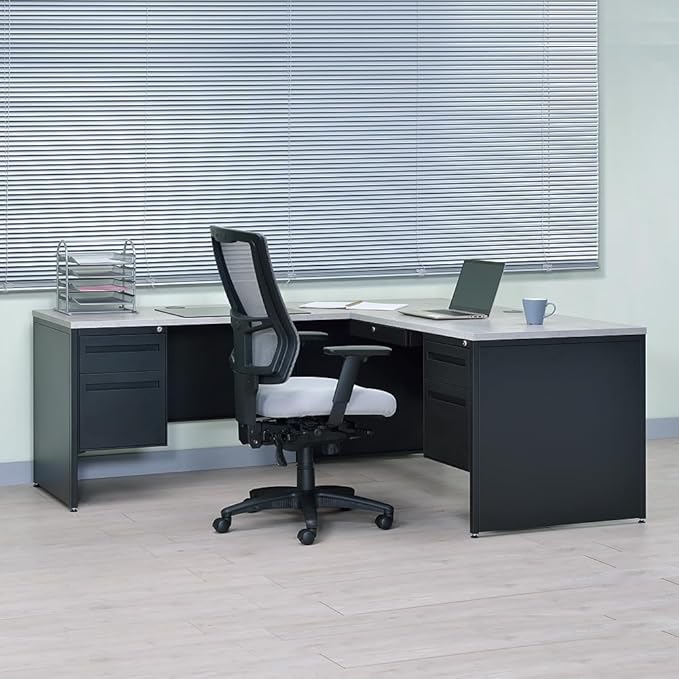 NBF Carbon L-Shaped Reversible Executive Office Desk - Durable Laminate Computer Desk with 4 Drawers Pedestal - Modern Desk with Storage and File Cabinet - Office Work Desk (66" W x 78" D, Black,Oak)