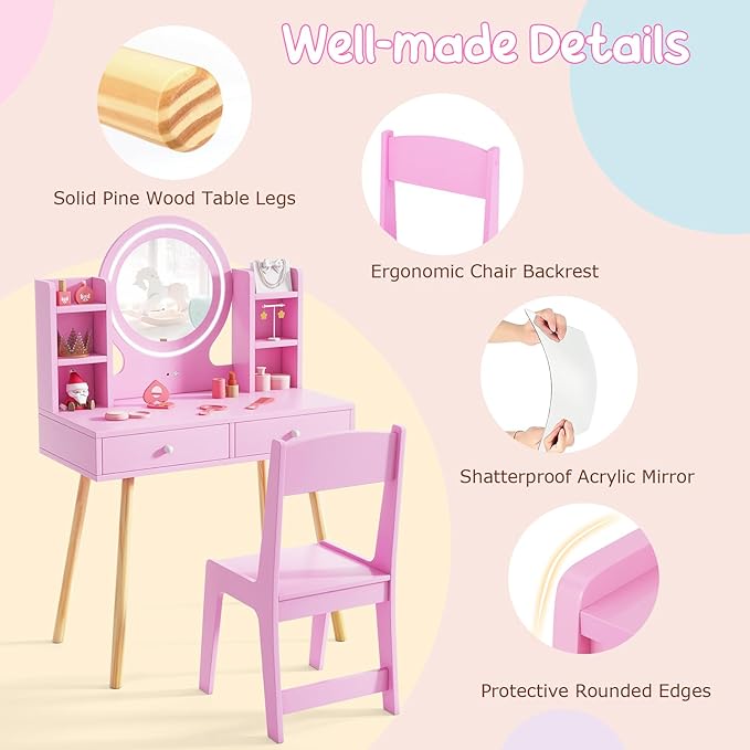 Costzon Kids Vanity, Girls Vanity Set with Mirror and Stool and Lights, Drawers, Storage Shelves, Wooden Toddler Makeup Vanity Desk Dressing Table, Kids Vanity Table and Chair Set (Pink)
