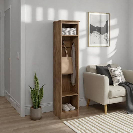 Prepac Narrow Coat Rack Freestanding Hall Tree with 3 Hooks, Entryway Furniture for Coat and Shoe Storage, Entryway Organization with an Adjustable Shelf, 14.75"W x 72.5"H x 15.5"D, Drifted Gray