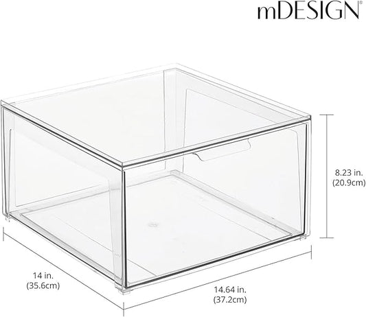 mDesign Plastic Stackable Closet Storage Organizer Bin Containers with Front Pull Drawer for Cabinet, Desk, Shelf, Cupboard, or Dresser Organization - Lumiere Collection - 4 Pack - Clear
