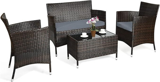 COSTWAY 4PCS Rattan Patio Furniture Set, Outdoor Wicker Rattan Chairs with Coffee Table, Rattan Cushioned Conversation Set for Backyard Balcony Porch Poolside, Grey