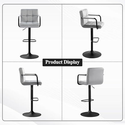Furniliving Bar Stools Set of 2 with Armrest, Adjustable Square Velvet Barstools for Kitchen Counter, 360°Swivel Counter Barstools for Dining Room(Grey)