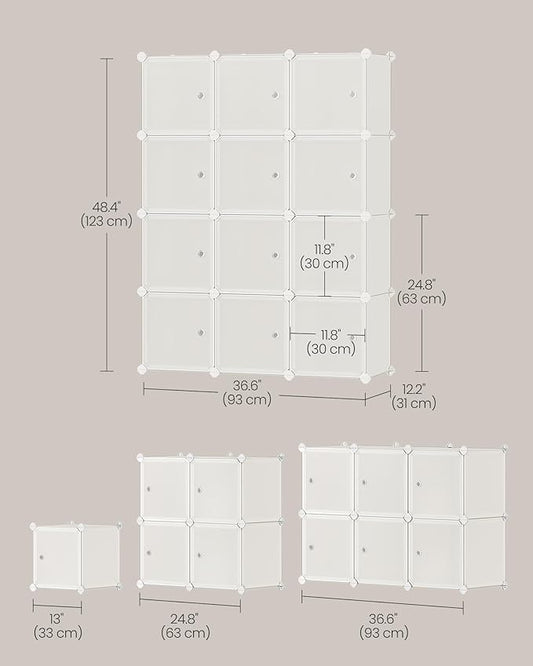 SONGMICS Cube Storage Organizer, Set of 12 Plastic Cubes, Closet Storage Shelves, DIY Plastic Closet Cabinet, Modular Bookcase, Shelving with Doors for Bedroom, Living Room, Cream White ULPC342W02