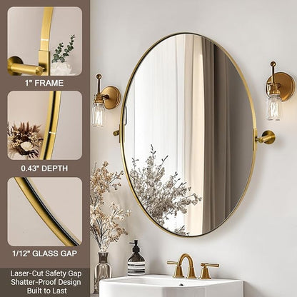 ANDY STAR Gold Bathroom Mirror, 20" x 30" Tilting Vanity Oval Mirror for Wall, Brushed Gold Stainless Steel Metal Frame Pivot Mirror Hangs Vertically Wall-Mounted