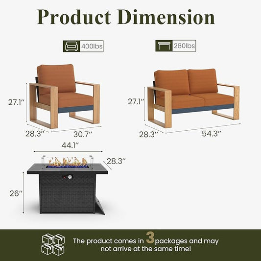 LayinSun 4 Pieces Aluminum Patio Furniture Set with Fire Pit Table, Oversized Seat with Hight Back, Outdoor Conversation Sets for Porch, Balcony, Deck