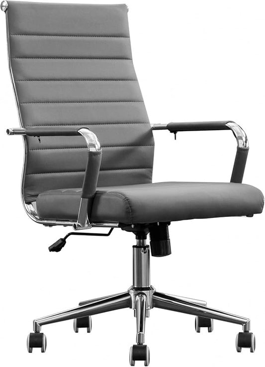 Home Office Chair Ribbed, Modern Leather Conference Waiting Room Chairs,Ergonomic Office Desk Chair, High Back Executive Computer Chair, Adjustable Swivel Chair with Arms (Gray)