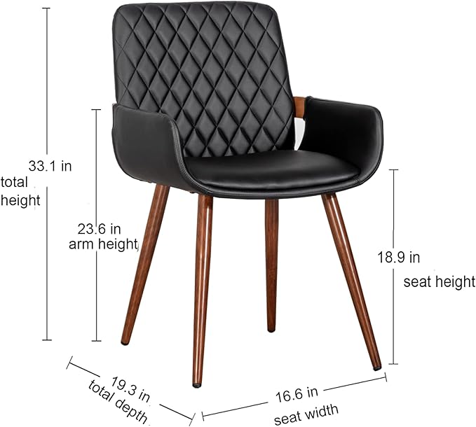 LUNLING Mid Century Modern Faux Leather Dining Chairs Set of 2, Black, Upholstered Seat, Metal Legs, Adjustable Foot for Kitchen Dining Room Desk Chairs
