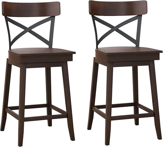 COSTWAY Swivel Bar Stool Set of 2, 24 Inch Ergonomic Counter Height Chairs with Open X Back & Footrest, 2PCS Vintage Wooden Barstools for Kitchen Island, Pub, Bistro, Café, Brown (2, 24 inch)