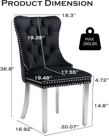 Velvet Upholstered Dining Chairs Set of 4, Modern Style Kitchen Side Chairs with Nailhead Trim and Silver Plated Leg, Metal Pulling Ring for Dining Room Living Room(Black, Set of 4)