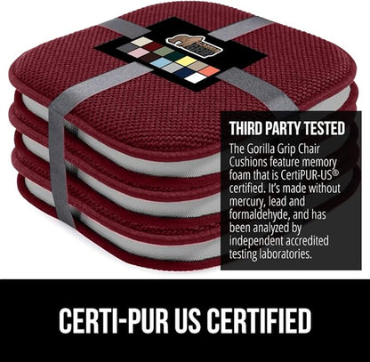 GORILLA GRIP Slip Resistant Chair Cushions, No Ties Required, Set of 6 Memory Foam Pads for Dining Room, Kitchen Table, Office, Rocking Chairs, Plush Seat Cover Cushion Pad, Home Decor, 16x16, Wine