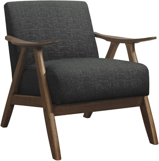 Lexicon Mid Century Modern Accent Chair with Solid Wood Frame in Walnut Finish, Upholstered Living Room Lounge Arm Chair, Thick and Comfy Innerspring Seat Cushion, Linen-Look Fabric, Dark Grey