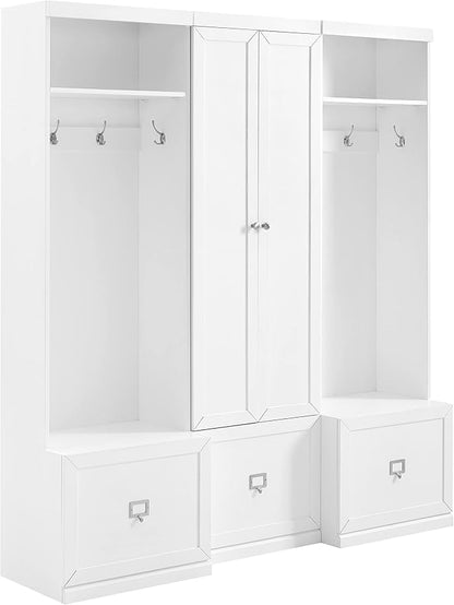 Crosley Furniture Harper 3-Piece Hall Tree and Storage Cabinet Set with Entryway Bench and Hooks for Hanging, White