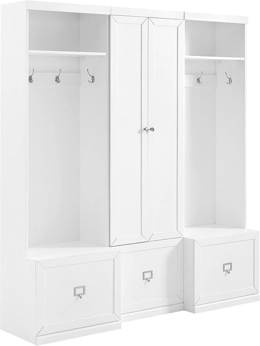 Crosley Furniture Harper 3-Piece Hall Tree and Storage Cabinet Set with Entryway Bench and Hooks for Hanging, White