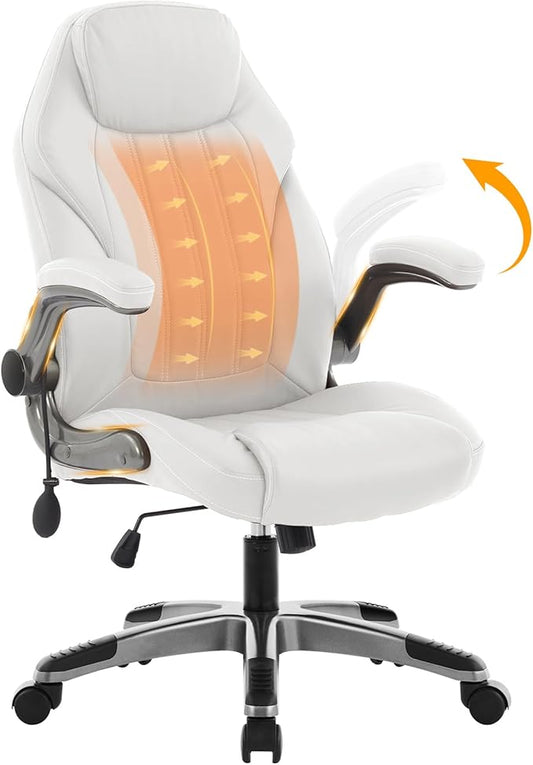 Office Desk Chair, Ergonomic Computer Chair with Padded Flip-Up Arms and Adjustable Lumbar Support, PU Leather Executive Chair with Tilt Lock and 360° Swivel Rolling Wheels for Work, Study