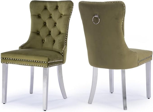 Velvet Upholstered Dining Chairs Set of 2, Modern Kitchen Side Chairs with Nailhead Trim and Silver Plated Leg, Metal Pulling Ring for Dining Room Living Room(Olive Green-Silver Plated Leg)