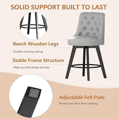 MINCETA Set of 2 Upholstered Bar Stools - 26 Inch Swivel Counter Height Stools with Low Tufted Back, Footrest & Performance Fabric - Round Seat for Kitchen Island & Home Bar Light Gray