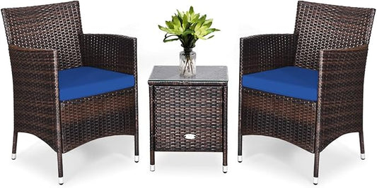 COSTWAY 3 PCS Patio Furniture Set, Outdoor Wicker Conversation Set with Tempered Glass Coffee Table, Seat Cushions, Rattan Wicker Chairs for Poolside Balcony Porch Backyard, Navy