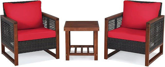 COSTWAY 3 Pieces Wicker Patio Furniture Set, Outdoor Wicker Sofa with Acacia Wood Frame, Coffee Table & Washable Cushions, Rattan Conversation Sets for Yard, Porch, Bistro, Balcony, Backyard, Red