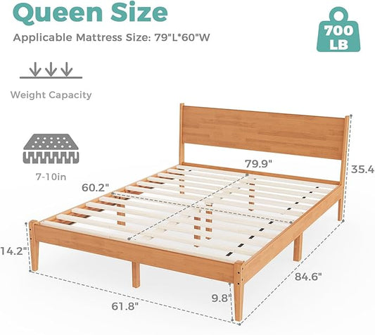Queen Bed Frame with Headboard, Malaysian Oak Queen Bed Frame No Box Spring Needed, Farmhouse Platform Bed Frame with 12 Slats Support, Easy Assembly, Rustic Pine