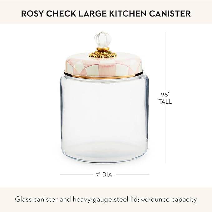 MACKENZIE-CHILDS Rosy Check Kitchen Canister, Decorative Pink-and-White Glass Storage Jar with Lid, Large