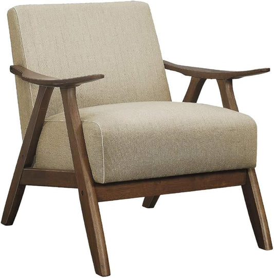 Lexicon Mid Century Modern Accent Chair with Solid Wood Frame in Walnut Finish, Upholstered Living Room Lounge Arm Chair, Thick and Comfy Innerspring Seat Cushion, Linen-Look Fabric, Light Brown